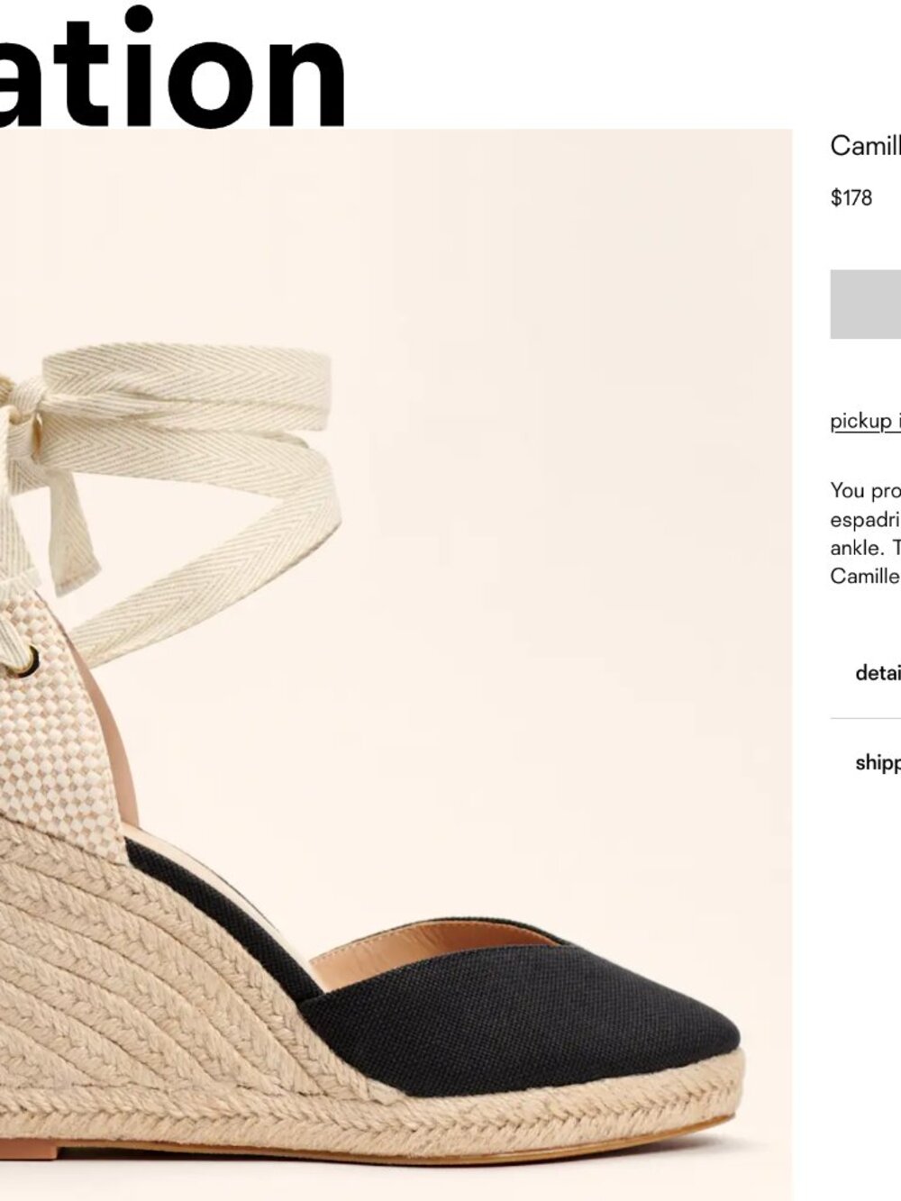 Reformation Camille Black Espadrille Wedge Heels Ankle Tie 8.5